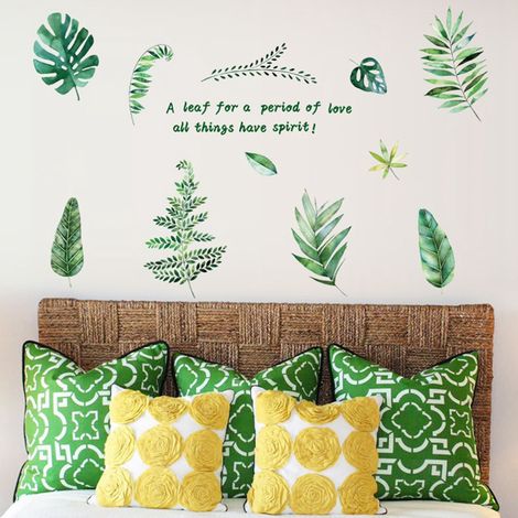 Autocollant mural déco feuilles vertes pour salon, chambre, fond de mur adhésif décoratif (1/5)
