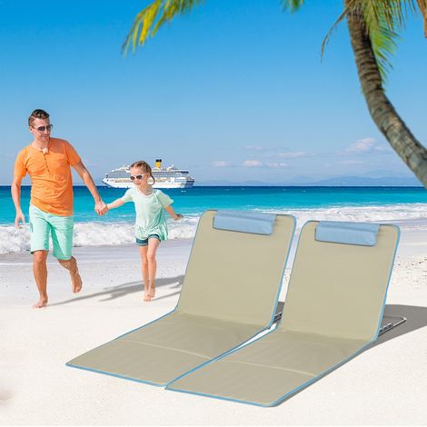 Strandmatten 2er-Set mit Stahlrahmen, Beige, faltbar, 5-fach verstellbar, mit Kopfkissen und Tragetasche, 124x53x35-45 cm