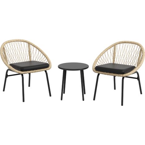 Salon de jardin 3 pièces en rotin jaune avec 2 fauteuils, table ronde et coussins, structure en acier