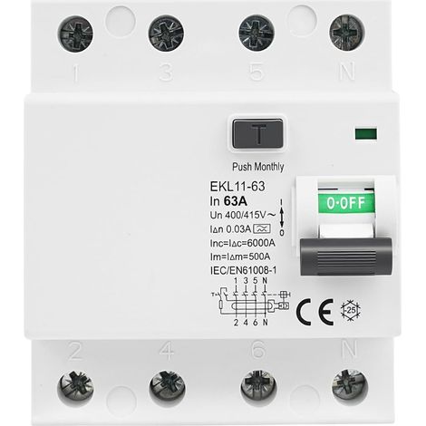 Disjoncteur différentiel 30mA 63A Type A interrupteur différentiel 4 pôles RCCB 4P AC400V disjoncteur à courant résiduel IP20 ABS Matériau Montage sur rail avec Protection contre les fuites (1/5)