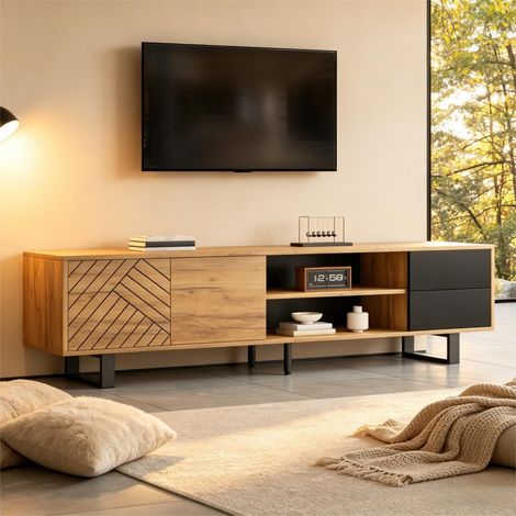 Meuble TV aspect bois pieds métalliques 180x40x50cm aggloméré 2 tiroirs 3 niveaux charge 30kg compatible TV 75 pouces salon, bois naturel et noir (1/5)