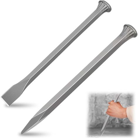 Jeu de 2 burins en acier à haute teneur en carbone de 25 cm, burin à emboîter, burin pour carrelage, fer à pédaler, kit comprenant burin plat, burin pointu pour le travail des métaux, bois, pierre (1/5)