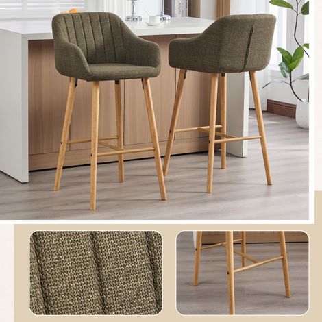 Tabourets de bar modernes dossier haut accoudoirs assise lin vert pieds bois lot de 2