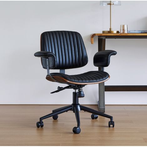 Chaise de bureau pivotante à roulettes en cuir noir (1/5)