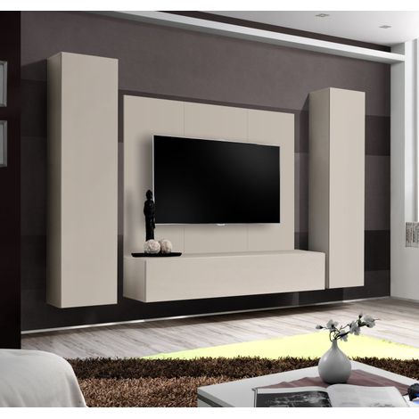 Ensemble meuble TV mural Fly A-P1 - Bois MDF cachemire - 240 x 170 x 40 cm - Livraison gratuite