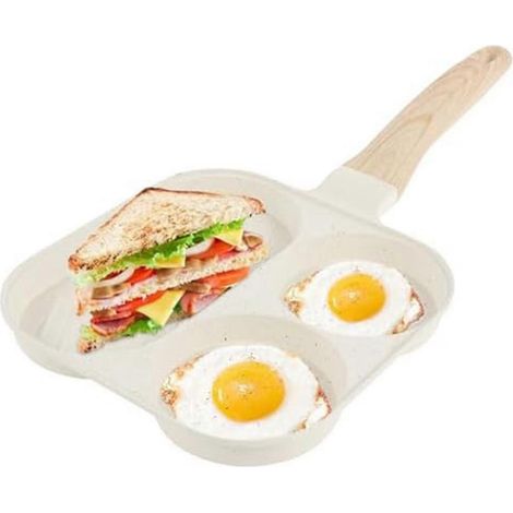 Poêle à œufs 3 en 1 antiadhésive pour omelettes avec manche en bois, blanche (1/5)