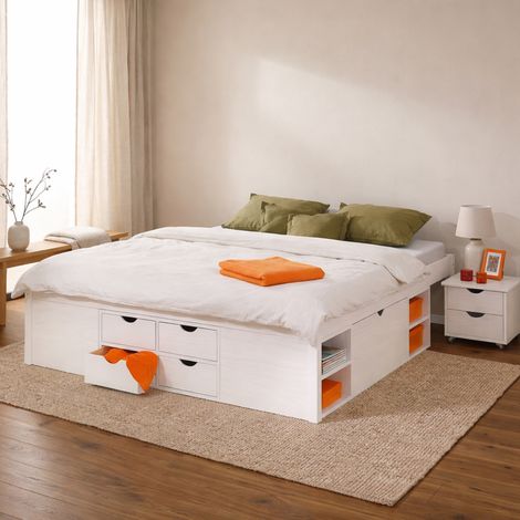 Cama Doble Faraldi, Cama Doble con Almacenaje, Tamaño Colchón 140x190 cm, Somier Incluido, Blanco (1/5)