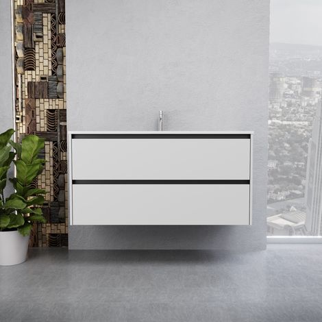 Inda - Badezimmerschrank 2 Schubladen B.120 mit glänzendem Waschbecken / Weiß glänzend - Smeraldo
