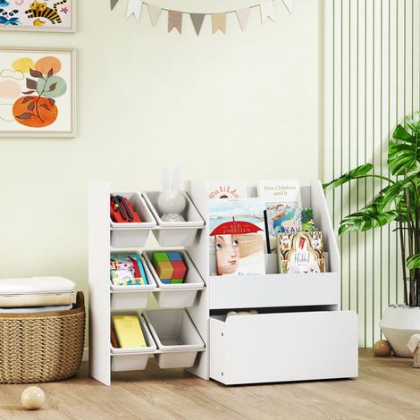 Estantería Infantil para Juguetes con 6 Cajas Extraíbles 3 Estantes Abiertos y Cajón Inferior con Ruedas para Guardería (1/5)
