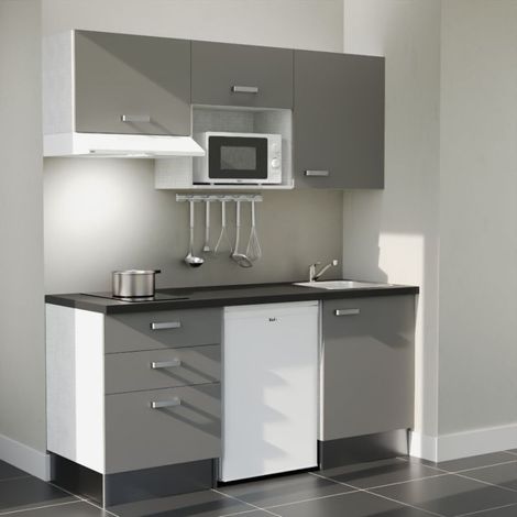 Kitchenette K20L-PT - 180 cm - plan stratifié, évier inox, - Façade Gris - Plan Noir texturé - Evier Inox - Crédences Non + Electroménager inclus coloris Blanc