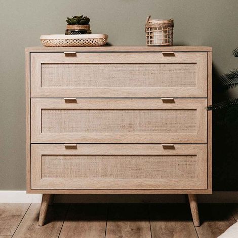 Les Tendances – Commode enfant 3 tiroirs chêne sonoma – Impression de canne – Espace de rangement optimisé – Design ethnique (1/5)