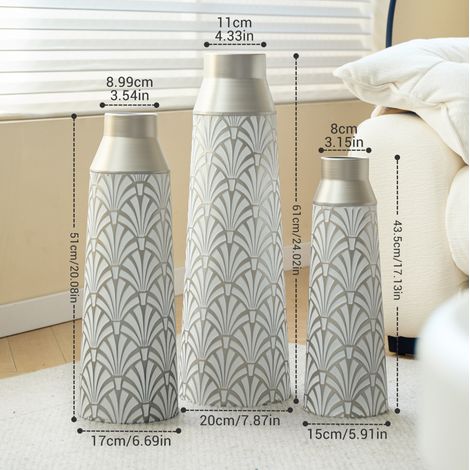 Set de 3 jarrones de suelo decorativos de metal, abanico, blanco y plateado, 43,5/51/61 cm DESVIAE (1/3)