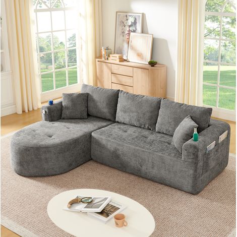 Sofá chaise longue en L con bolsillos tela gris OKMYHOME (1/5)