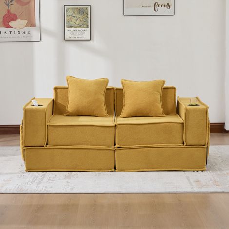 Sofá cama de 2 plazas en chenilla amarillo mostaza con 2 cojines, 162 x 78 x 66 cm (1/5)