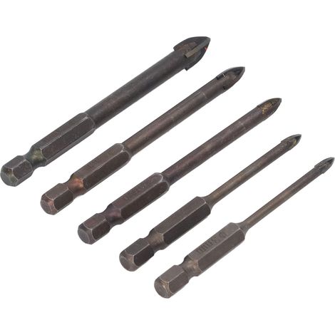 Coffret de 5 forets hexagonaux en carbure à motif croisé unique, pour le verre, la céramique, le carrelage, les murs en briques et le bois. (1/5)