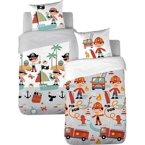 Parure de lit Enfant Réversible Pompier et Pirate Housse de Couette 140x200cm + 1 taie d'oreiller 63x53cm 100% Coton Bio