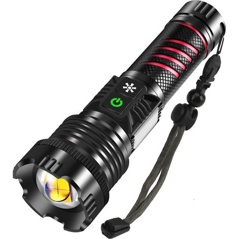 Linterna LED ultrabrillante de 20000 lúmenes, recargable por USB-C con luz roja, 8 modos ajustables, linterna táctica impermeable para acampar, hacer senderismo y emergencias. (1/5)
