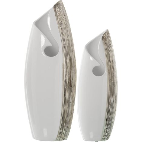 Vase élégant en céramique argent et blanc pour déco - Blanc avec touches argentées (1/2)