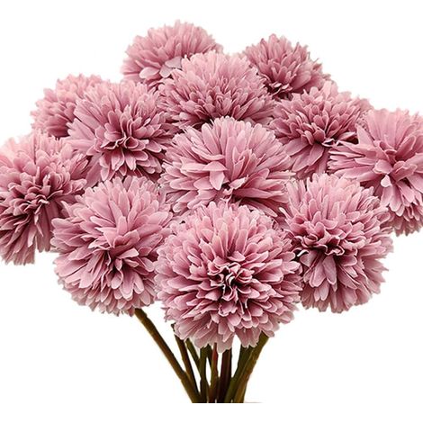 Fleur Artificielle Chrysanthème Boule - Tige Filaire Fer Recouverte Polyester - Décoration Intérieure Bureau Café Mariage - Lot de 12 Pièces (1/5)