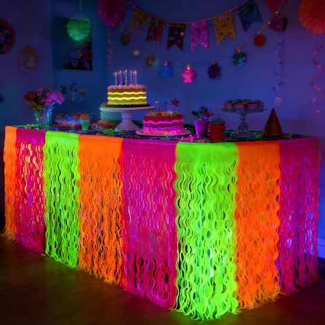 Lot de 2 décorations de fête néon colorées fluorescentes, jupes de table à lumière noire, accessoires de fête, rideaux à (1/5)