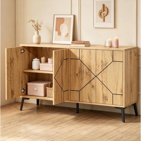 Credenza 120/35/69 cm color naturale con 4 ante push-to-open e gambe in metallo (1/5)