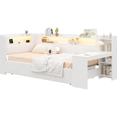 CHICFURN Lit de jour 90x200 cm extensible 180x200 cm en MDF blanc avec USB et LED (1/5)