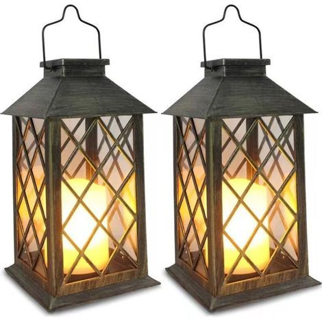 Lanterne Solaire Exterieur 2 Pièces Lampe Solaire avec Bougie Vacillante, Lampe de Table Solaire Étanche Suspension Solaire Exterieur a Poser pour Balcon Jardin Terrasse Deco - Bronze (1/5)
