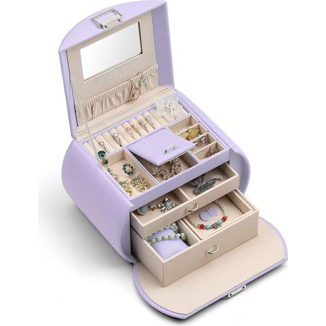 Boîte à bijoux verrouillable en simili cuir avec grand miroir et tiroirs de rangement pour cadeau d'anniversaire (1/5)