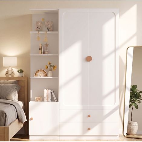 Armadio guardaroba 135x45x200 cm, 2 appendiabiti e 2 cassetti, maniglie in legno massello, MDF acciaio bianco (1/5)