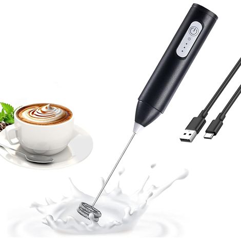 Elektrischer Milchaufschäumer, wiederaufladbarer Milchaufschäumer, elektrischer Mixer mit 3 Geschwindigkeiten einstellbar für Latte, Cappuccino, Matcha, Ei (schwarz) (1/5)