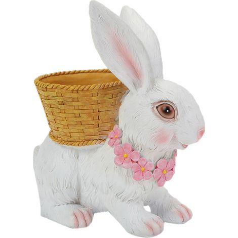 Lapin pot de fleur résine, ornement lapin avec panier dos, décoration extérieure jardin cour blanc (1/5)