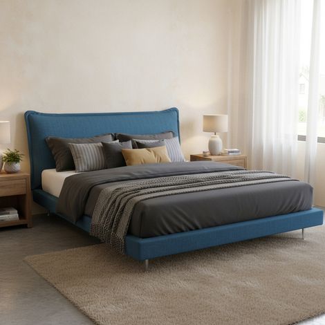Dmora - Cama matrimonial Dabbat, Cama fija con tapizado y cabecero en tela, 100% Made in Italy, Apertura frontal, adecuado para colchón Cm 160x190, Azul (1/3)