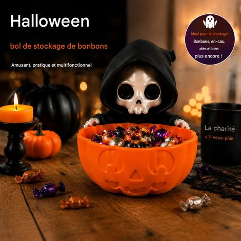 Statue déco Halloween squelette faucheur, bol de rangement citrouille, idée cadeau thème Halloween (1/4)