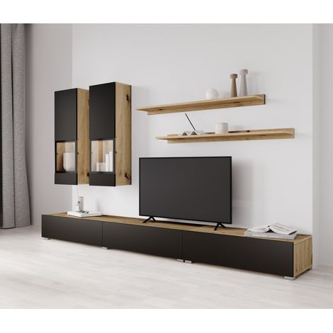 Set mobili da salotto RAMOS – Rovere e nero super opaco – Design contemporaneo senza LED