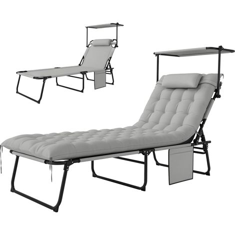 Chaise Longue Pliable Grise Claire avec Toit Anti-Soleil et Matelas, Dossier Réglable en 4 Positions (1/5)