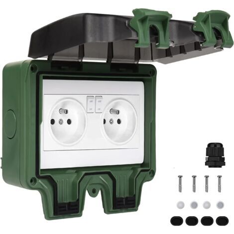 Prise Etanche Exterieure IP66 Etanche Exterieur 16A (Double Prise Avec interrupteur Vert) (1/5)