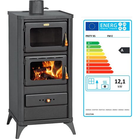 Prity – Cuisinière à bois avec four – Puissance 12 kW – Sortie de fumée supérieure – Dimensions 490x460x1030mm – Pour bois et charbon (1/4)