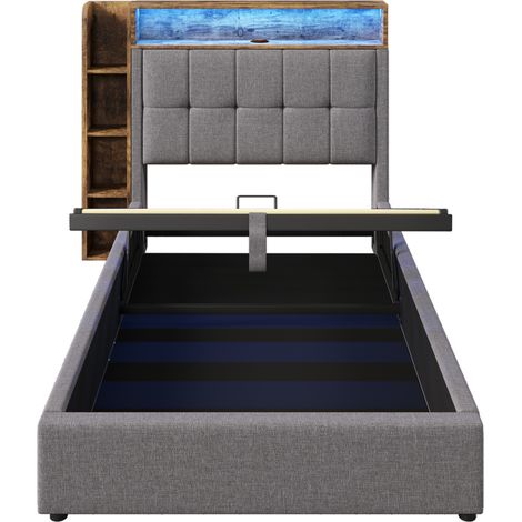 Lit rembourré, 90x200 cm, avec fonction de charge USB Type-C, sans matelas, rangement multifonction, éclairage LED, commande par bouton/application, lin, gris (1/5)