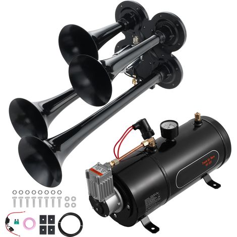 Mophorn Zughupen-Set, 4 Trompeten-Drucklufthörner, 150 dB für Pickup-Trucks, 12 V 120 psi Kompressor, 0,8 Gallonen Tank mit Manometer für Autos, Trucks, Transporter, Boote