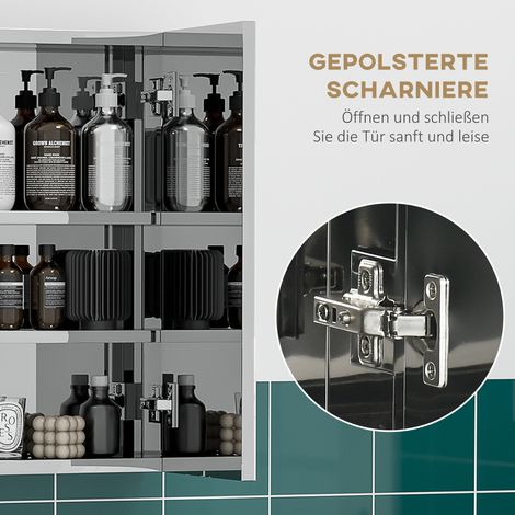 Meuble salle de bain avec miroir, armoire murale 3 portes vitrées, 5 étagères, acier inoxydable argenté, 70x12x55cm (1/5)