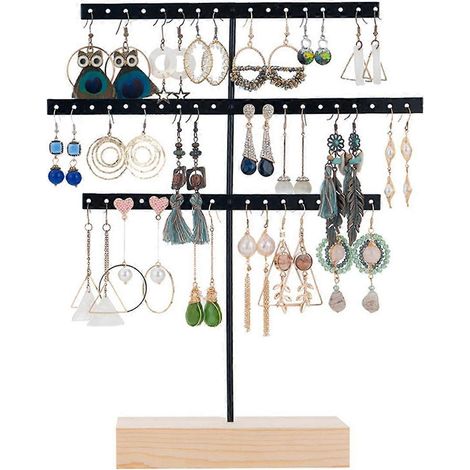 Présentoir à bijoux noir à 3 niveaux pour boucles d'oreilles, colliers et bagues. (1/4)