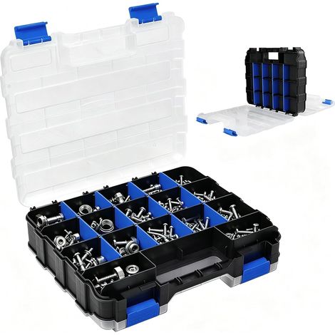 Boîte de tri de vis double face, 34 compartiments, organiseur de petites pièces avec séparateurs amovibles, boîte à vis, boîte à outils pour vis, clous et petites pièces (bleu) (1/5)