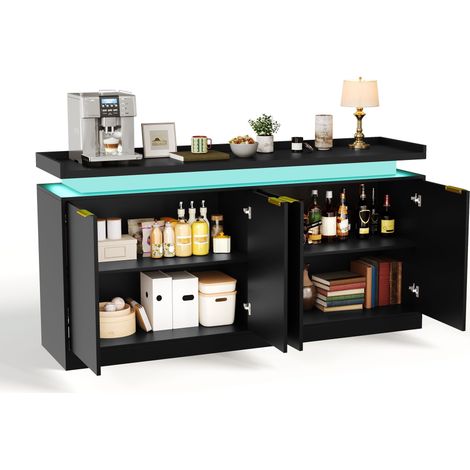 Buffet Noir avec LED 4 Portes Meuble de Rangement 160 cm pour Salle à Manger et Salon (1/5)