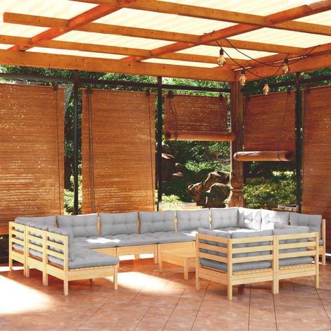 The Living Store -  Salon de jardin 13 pcs avec coussins gris bois de pin (1/5)