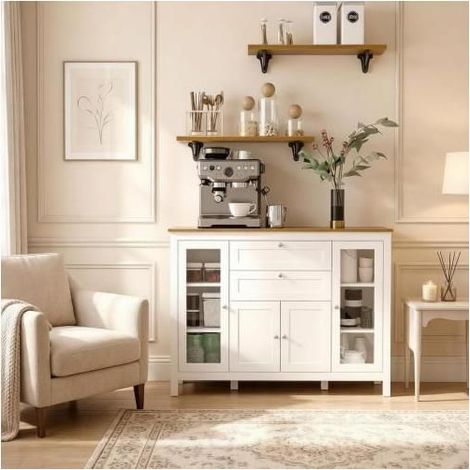 Buffet 120x40x90cm Blanc et Bois Portes en Verre Trempé - Meuble salon - 2 Tiroirs Étagères Rangement Anti-basculement Moderne Chic (1/5)