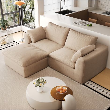 Divano angolare 3 posti 180x155x83 cm in tessuto di lino kaki con imbottitura in schiuma – MEUBLIV (1/5)