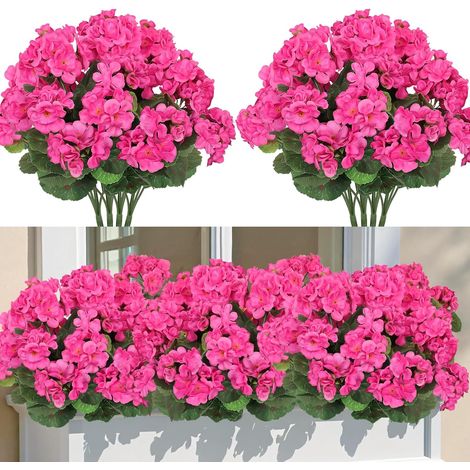 Set of 4 Artificial Geranium Outdoor Artificial Flower Bright Pink Fake Geranium Silk Flowers Bush Artificial Plant Outdoor Flowers for Balcony Garden Patio Table Decoration (1/5)