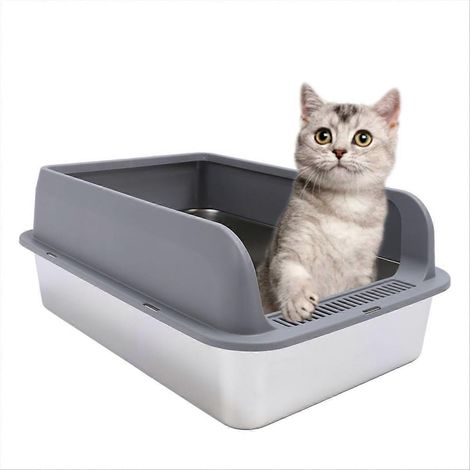 Bac à litière en acier inoxydable anti-éclaboussures, facile à nettoyer, à bords hauts, semi-fermé, avec couvercle, pour chats, gris. (1/5)
