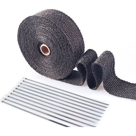 Bande Thermique Echappement, Bande Isolant Thermique en Fibre de Verre avec 10 Serre-câbles en Acier Inoxydable pour Ruban d'isolation Thermique de Collecteur d'échappement de Moto(Noir) (1/5)