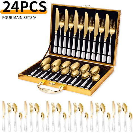 Service de 24 couverts en acier inoxydable – pour 6 personnes – avec coffret – acier inoxydable – or blanc